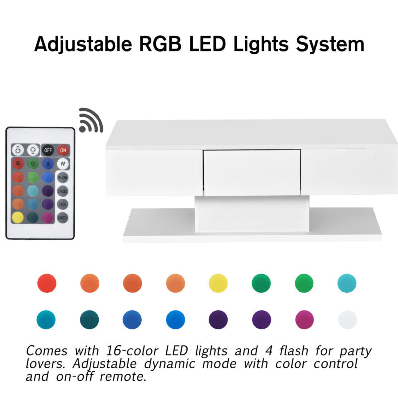 Modern Coffee Table with 2 Drawers LED High Gloss Living Room Table Furniture ML