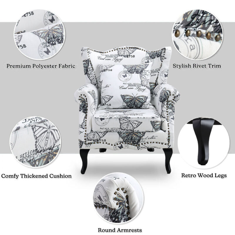 Wing Back Queen Anne Chair Fabric Armchair Living Room Fireside Sofa with Pillow