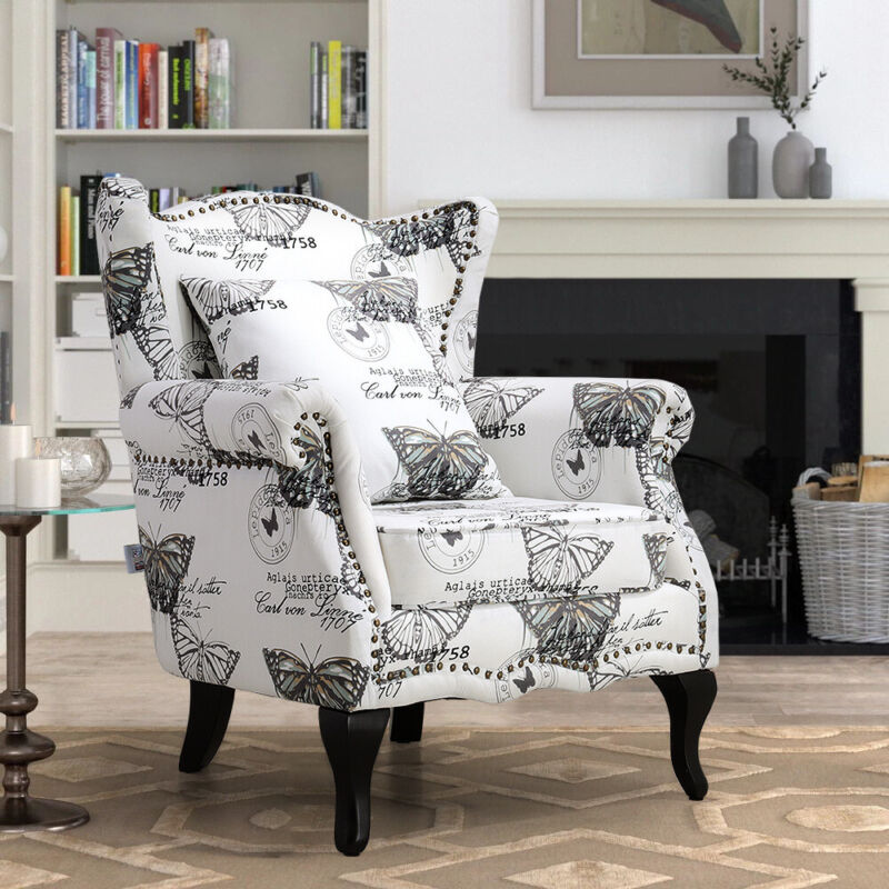 Wing Back Queen Anne Chair Fabric Armchair Living Room Fireside Sofa with Pillow