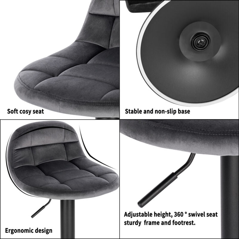 2x Bar Stools Velvet Padded Chrome Base Barstools Gas Lift 360° Swivel Cafe Pub