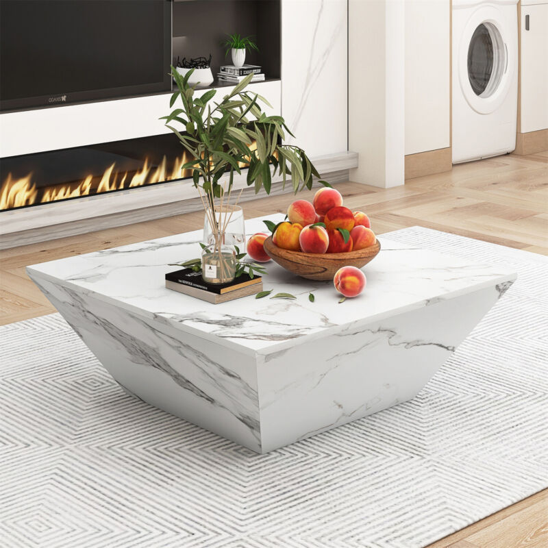 Wooden Coffee Table with Storage Drawer Marble-Look Modern Living Room Furniture