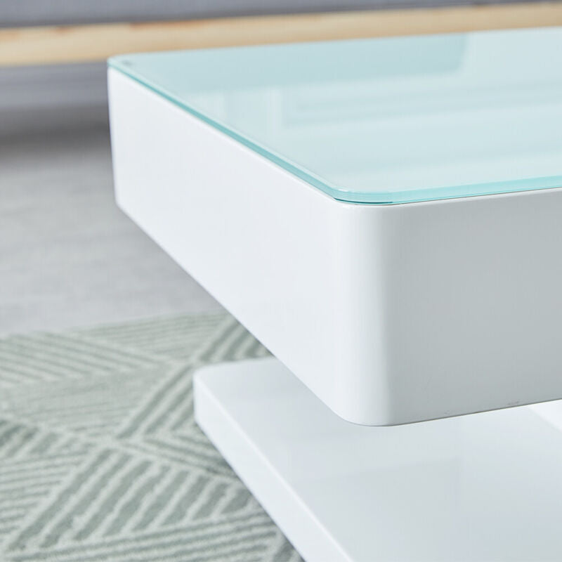 2 Drawers High Gloss 8mm Tempered Glass Coffee Table White End Table Living Room