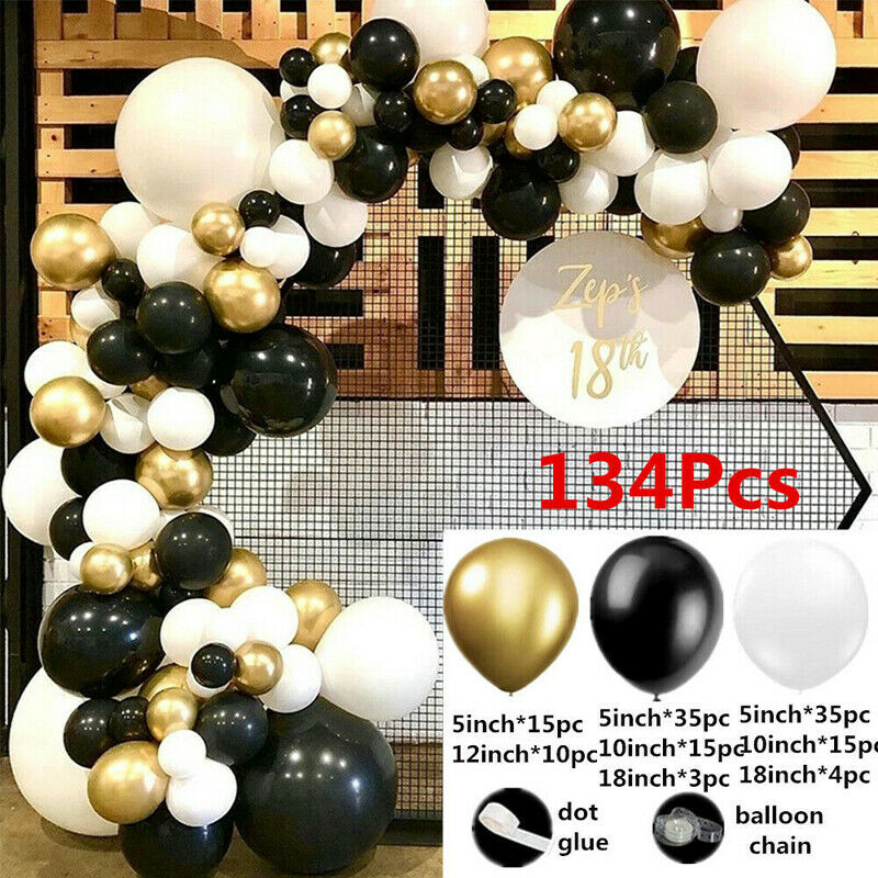 134PCS Black Gold Garland Balloon Arch Kit Birthday Wedding Baby Shower Kit UK