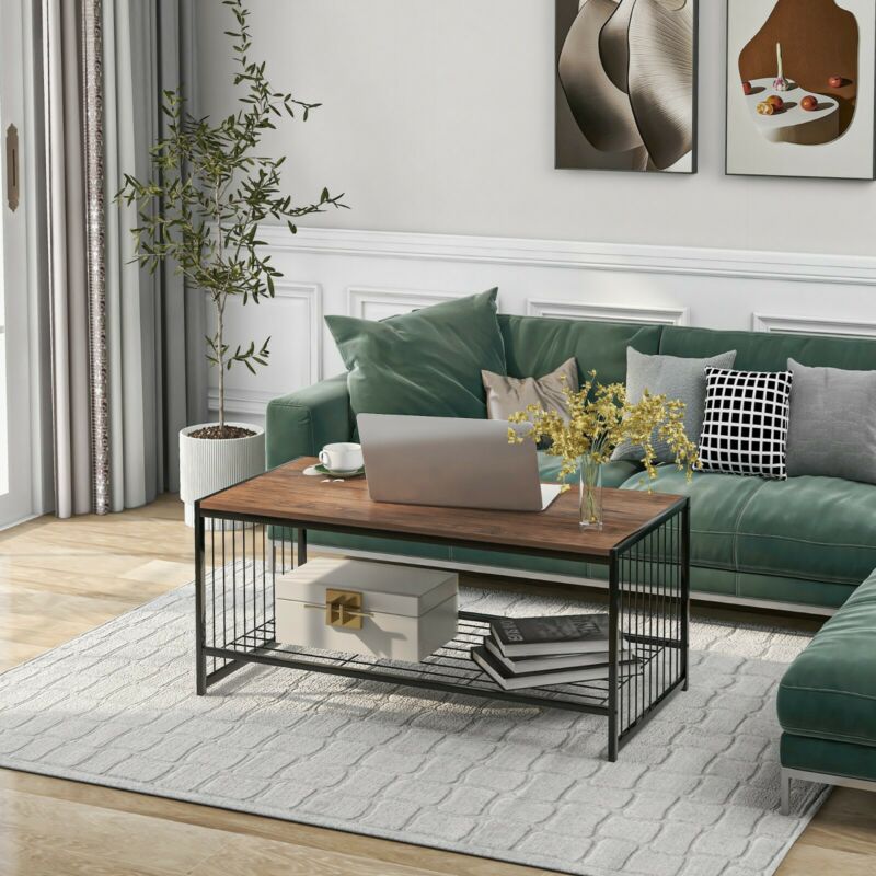 2-Tier Coffee Table Tea Sofa Table with Shelf Storage Metal Frame 100x50x45cm