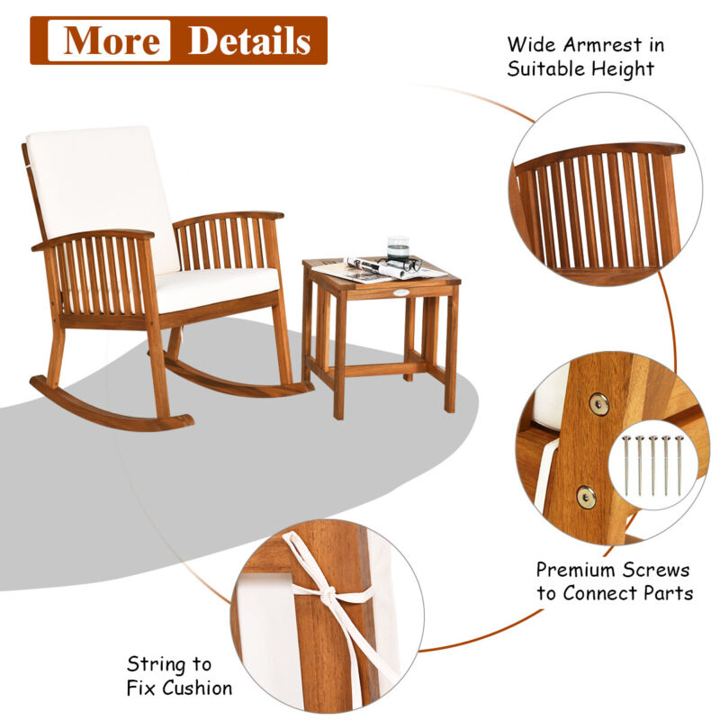 Patio Wooden Rocking Armchair Bistro Seat Home Garden Furniture Set w/ Table