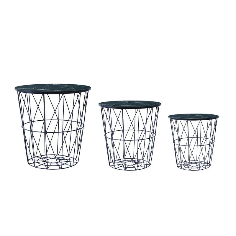 Set of 3 Nested Table Side Table Storage Basket Metal Wire Black Marble Effect