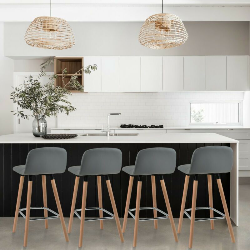 2 Pcs PU Leather Bar Stools Breakfast Stool Kitchen Pub Chairs Seat Grey