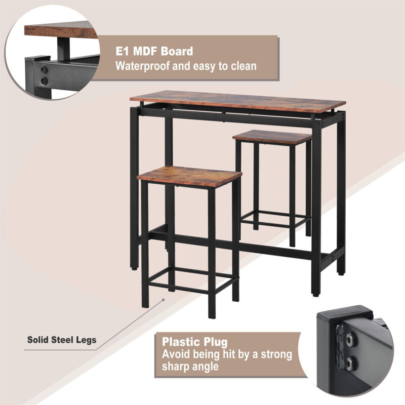 3Pcs Breakfast Bar Table & 2 Stools Kitchen Dining Room Modern Furniture Set MP
