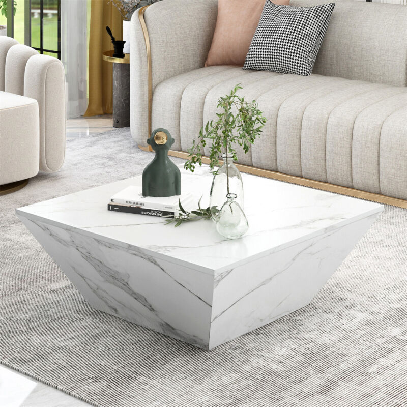 Wooden Coffee Table with Storage Drawer Marble-Look Modern Living Room Furniture