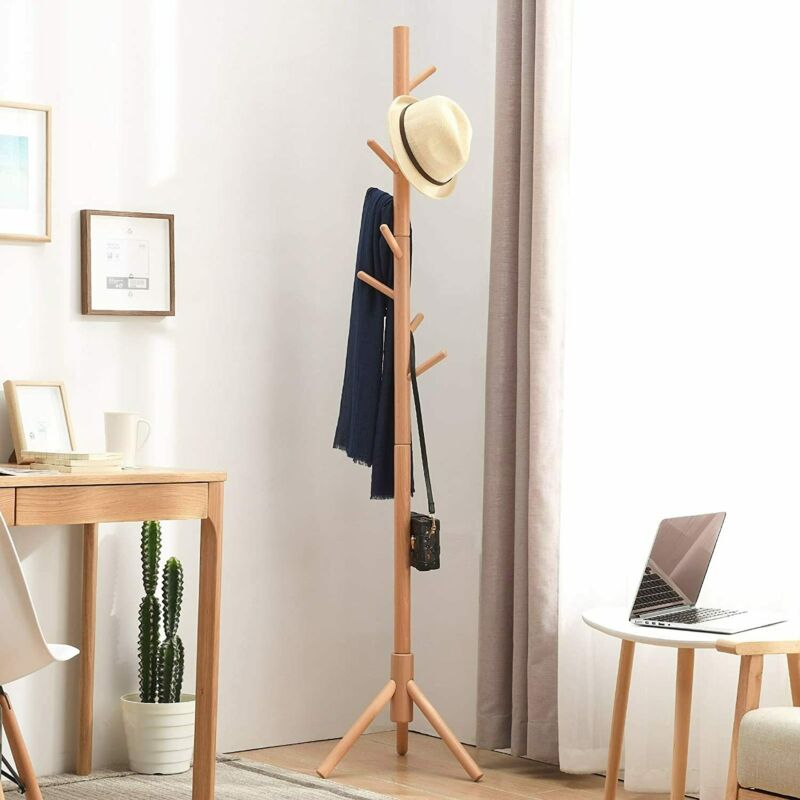 Beech Wooden Standing Coat Rack 8 Hooks Wood Tree Stand Coat Hat Handbag Rack