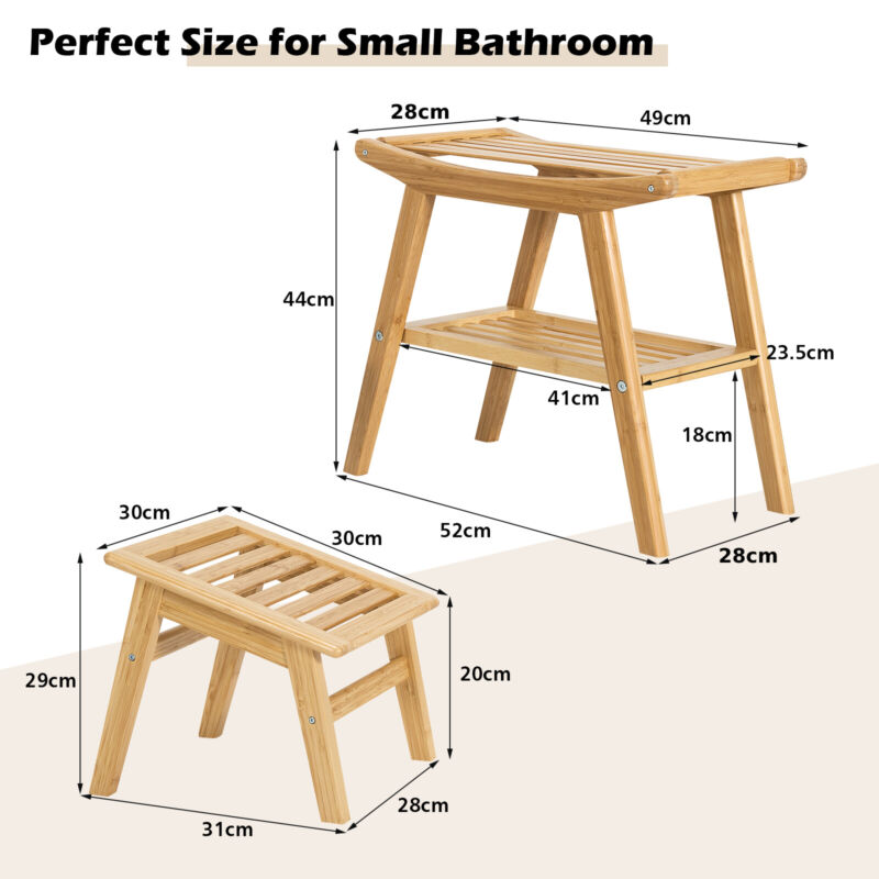 Bamboo Shower Bench Foot Stool Set Bathroom Organizer Seat Stool Shower Bench
