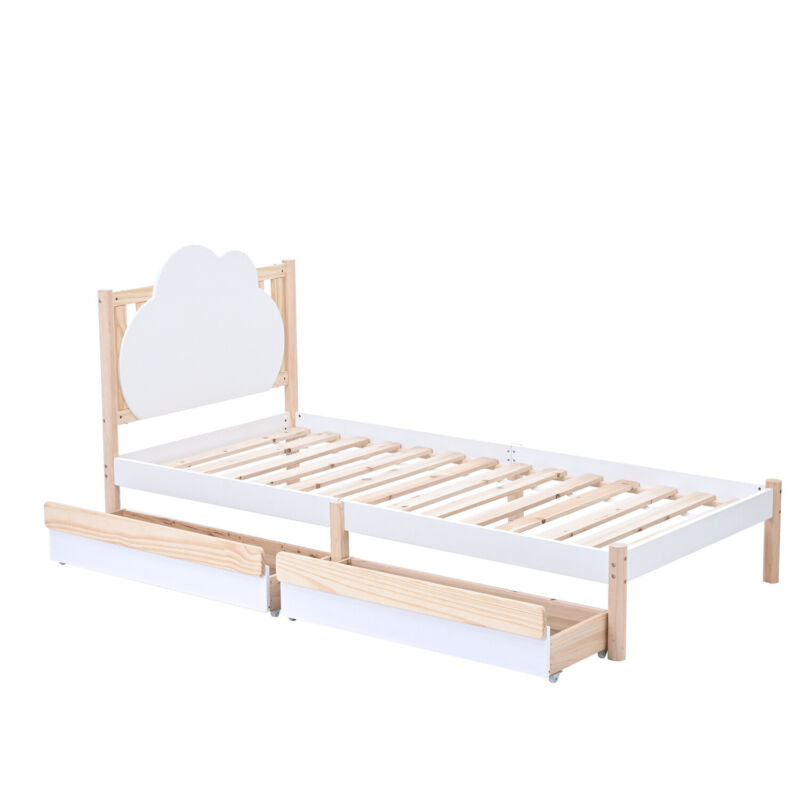 Wooden Bed Frame 3ft Single Size Kids Bed with 2 Storage Drawers Cloud Headboard