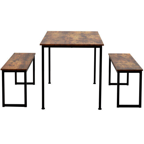 Dining Table and 2 Benches Set Industrial Kitchen Furniture Rustic Brown MW