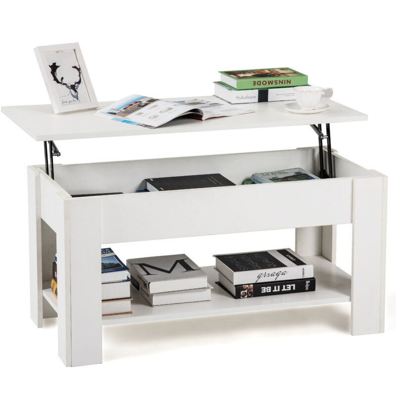Wooden Coffee Table With Lift Up Top Storage Shelf Living Room Furniture White