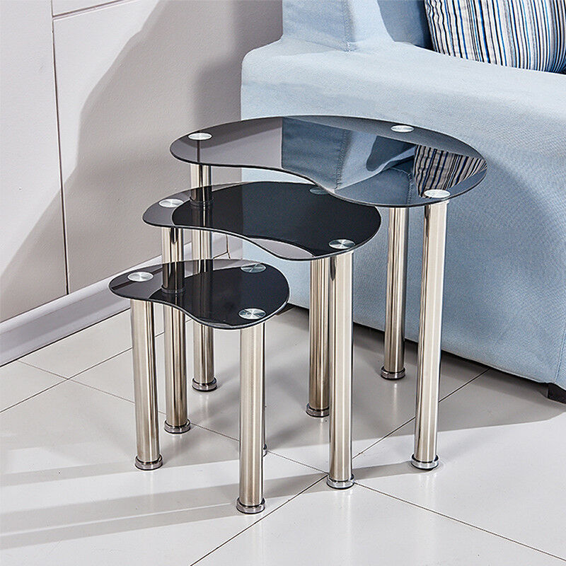 Black Glass Nest of 3 Tables Side End Corner Lamp Nested Sofa Tables Livingroom