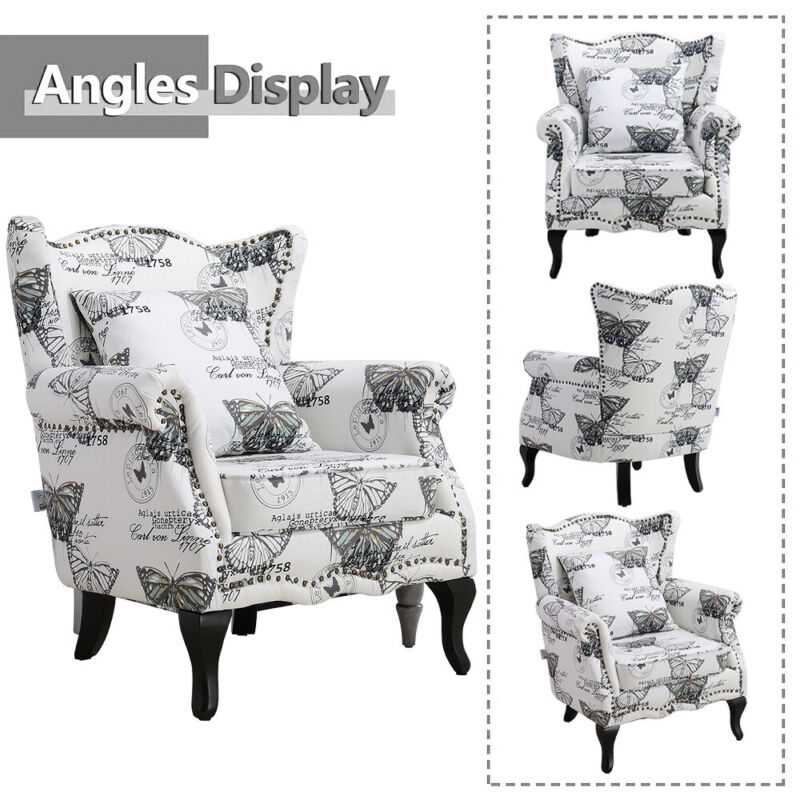 Wing Back Queen Anne Chair Fabric Armchair Living Room Fireside Sofa with Pillow
