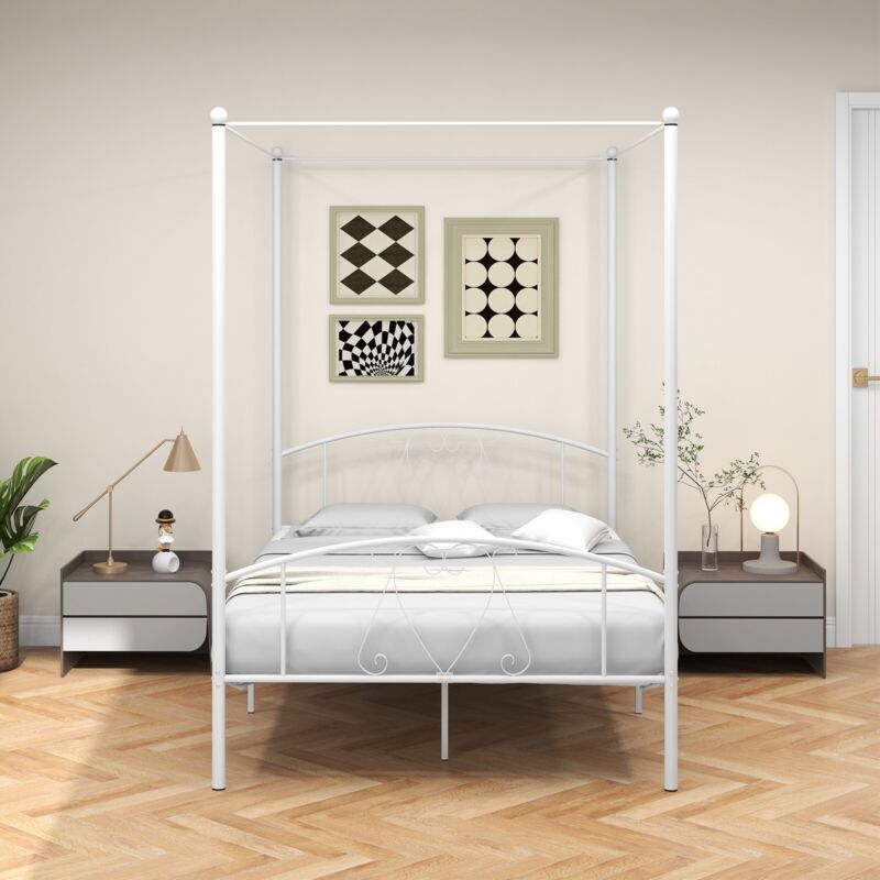 Double Size Metal Canopy Bed Frame Modern 4 Poster Platform Bed with Headboard
