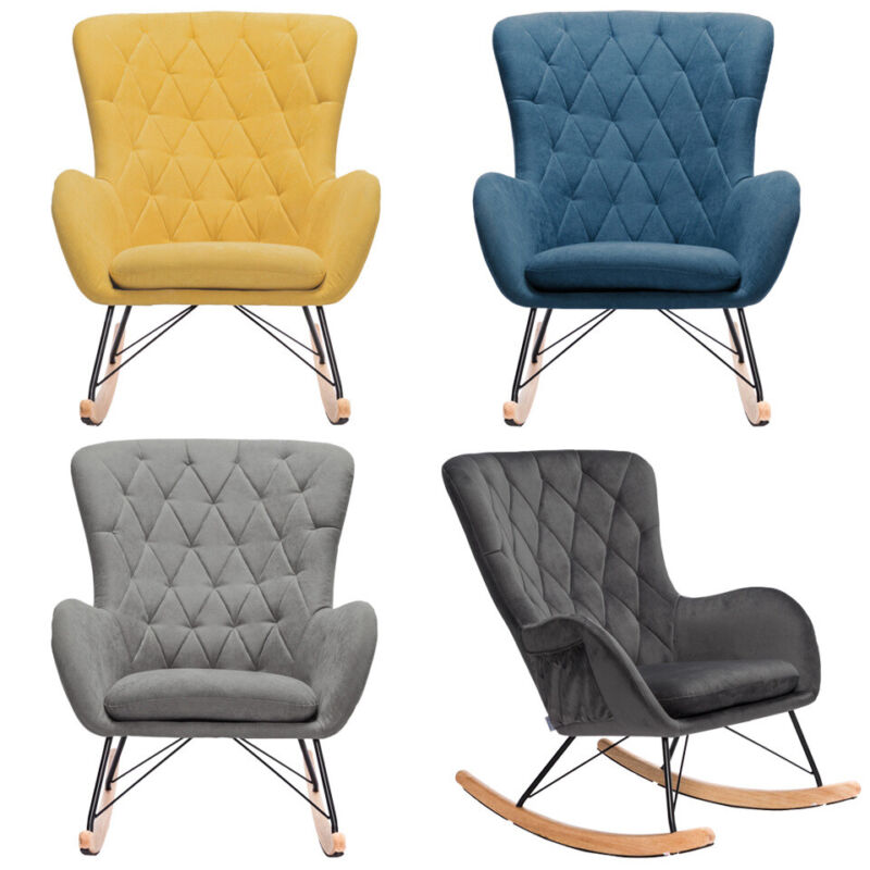 Wooden Upholstered Rocking Armchair Button Lounge Wing Back Chair Sofa Fireside