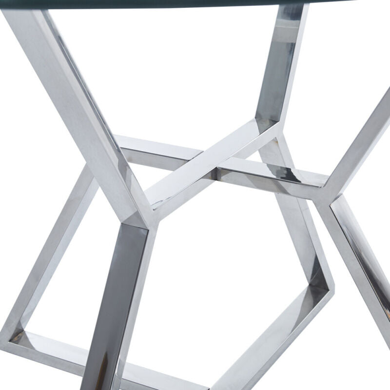 120cm Clear Glass Round Dining Table 2 4 6 Faux Leather Chair Chrome Legs Lounge