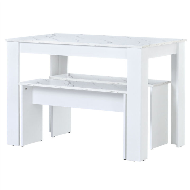 White Wooden Marble Look Breakfast Dining Table and Chairs Set of 2 Benches