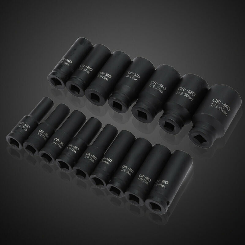 16Pcs 1/2" Drive Metric Deep Impact Socket Set 10-32mm In Case Garage Quality