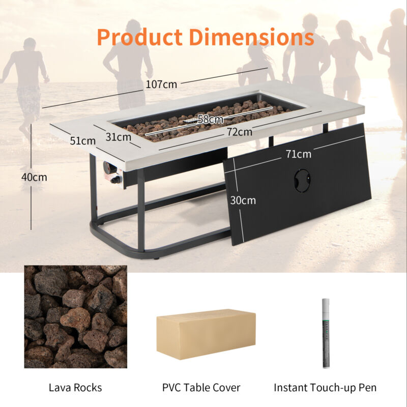 16 KW Propane Fire Pit Table Rectangular Outdoor Gas Fire Pit Stainless Steel