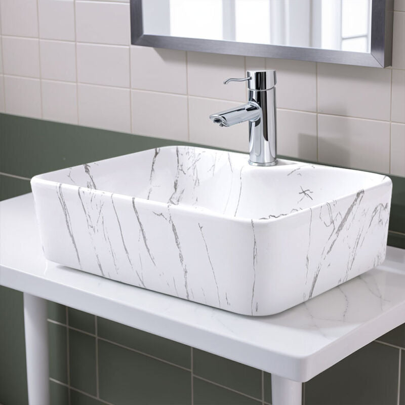 Counter Top Rectangle Marble Ceramic Sink Cloakroom Bathroom Vanity Basin 1 Hole