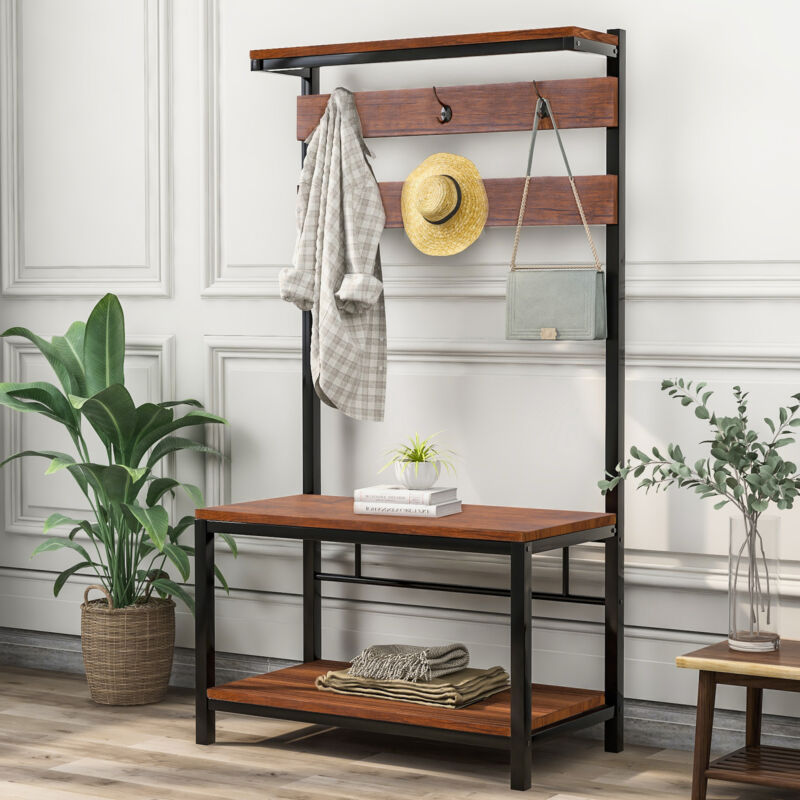 Industrial Coat Rack Stand Bench Clothes Hanging Shoes Storage Free Standing