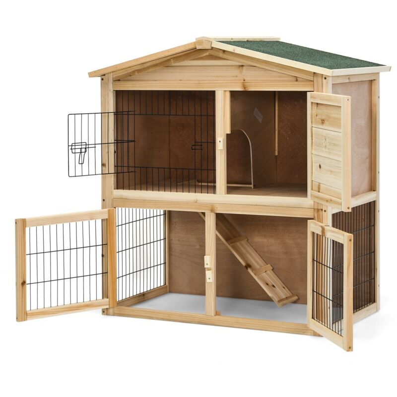 2 Floors Wood Chicken Coop Large Bunny Rabbit Cage Indoor Outdoor Pet House Ramp