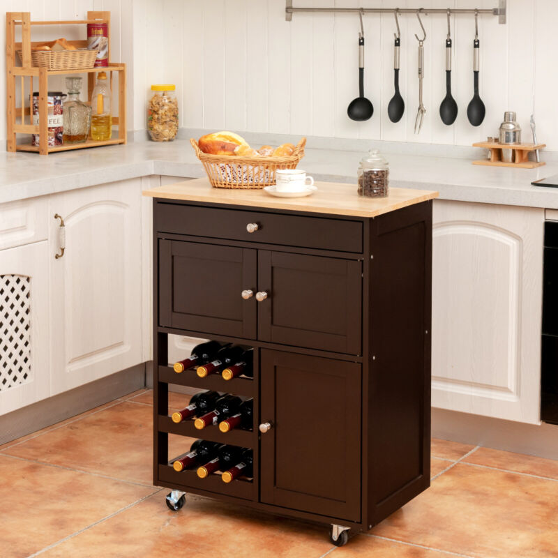 Rolling Kitchen Storage Trolley Cart Cupboard Island Cabinet 3 Tier Wine Rack