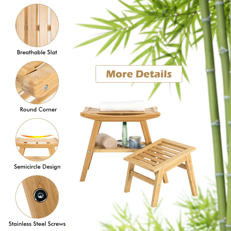 Bamboo Shower Bench Foot Stool Set Bathroom Organizer Seat Stool Shower Bench
