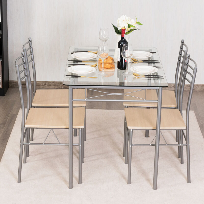 5PCS Dining Table & Chair Set Breakfast Bar Kitchen Furniture with Glass Desktop