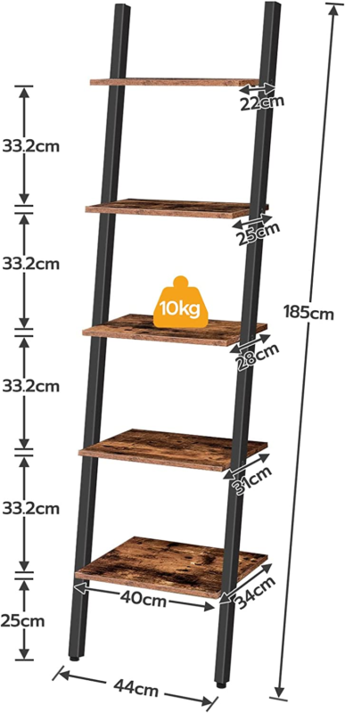 Ladder Shelf, 5-Tier Leaning Bookshelf, Stable Wall Shelf, Industrial for