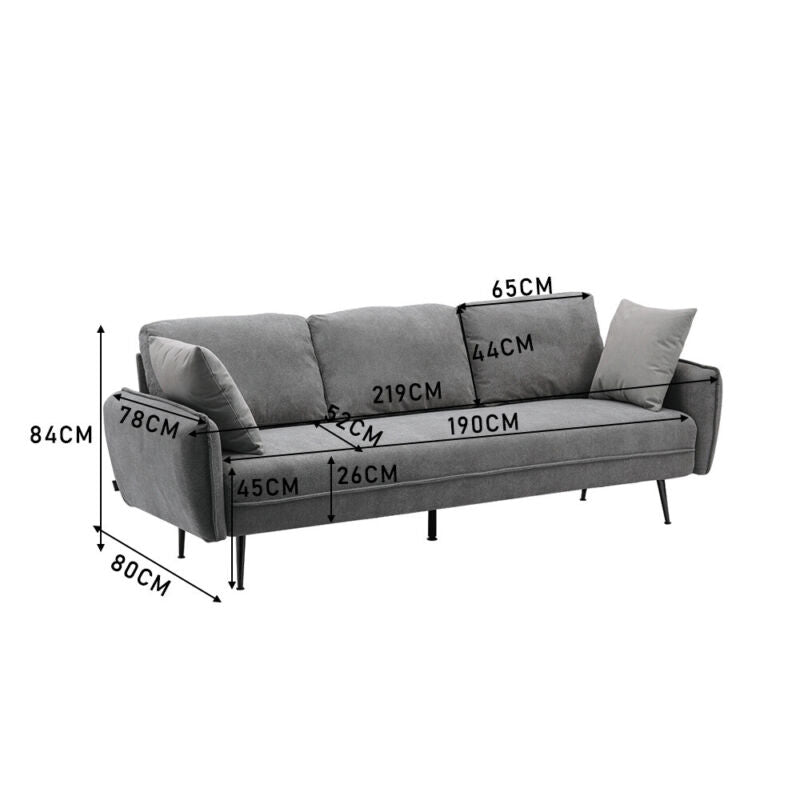 3 Seater Sofa Bed Grey Linen Fabric Living Room Couch Settee Large Cushion Seat