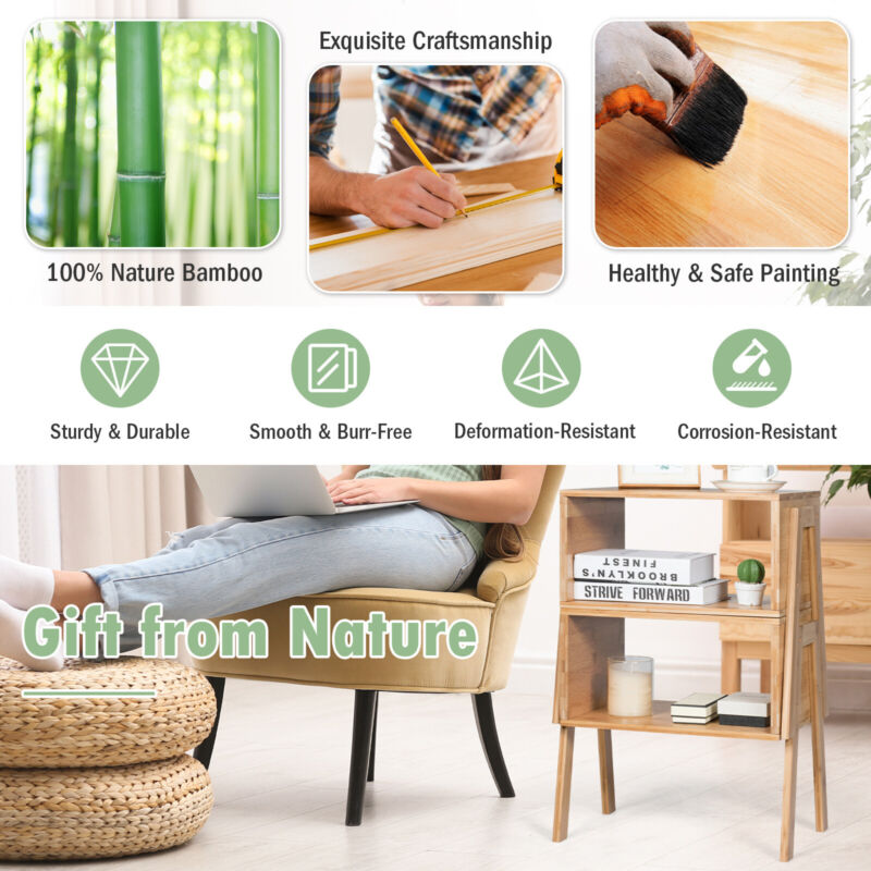2PCS Stackable Side Table Bamboo Bedside Table Sturdy Waterproof Nightstand