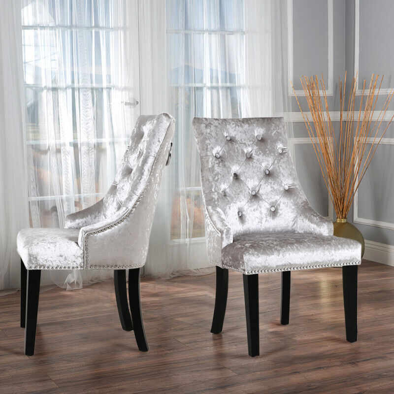 2-Piece Crush Velvet Dining Chairs with Pull Door Knocker Wing Back Button Chair