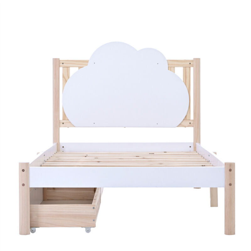 Wooden Bed Frame 3ft Single Size Kids Bed with 2 Storage Drawers Cloud Headboard