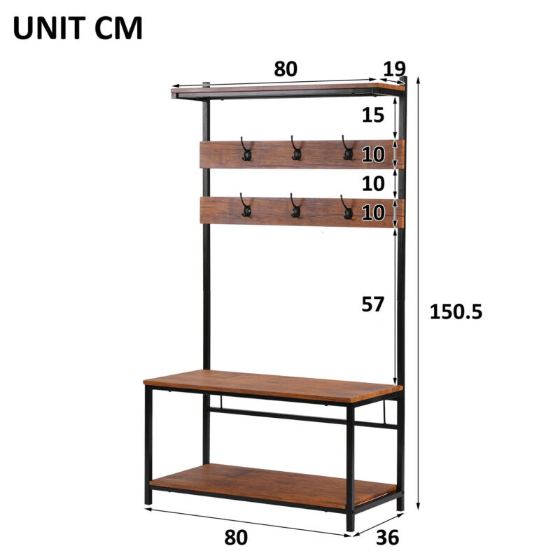 Industrial Coat Rack Stand Bench Clothes Hanging Shoes Storage Free Standing