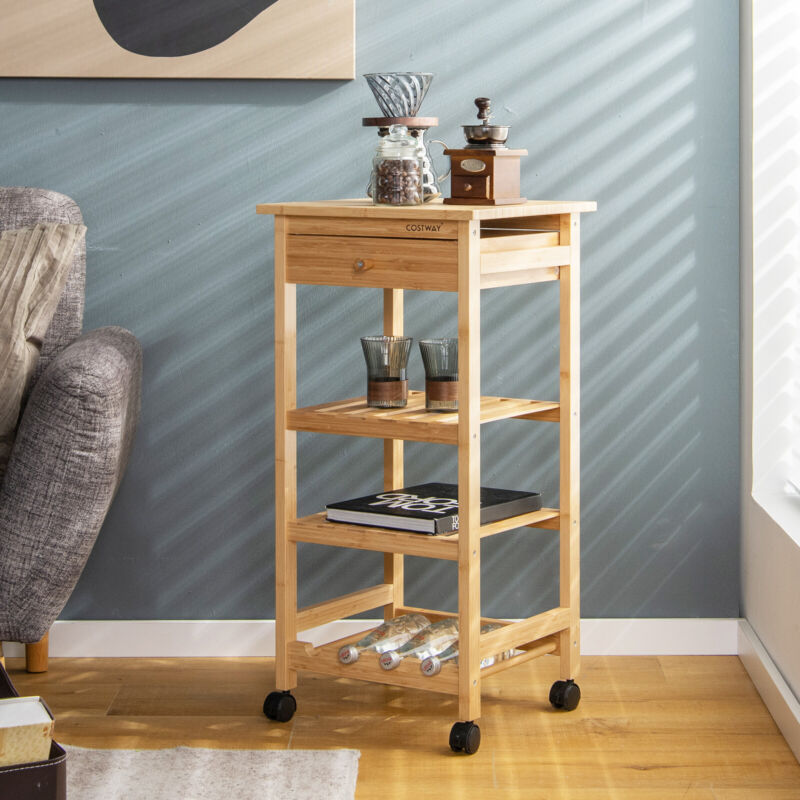 4-Tier Storage Utility Cart Bamboo Kitchen Trolley Rolling kitchen Island Dining