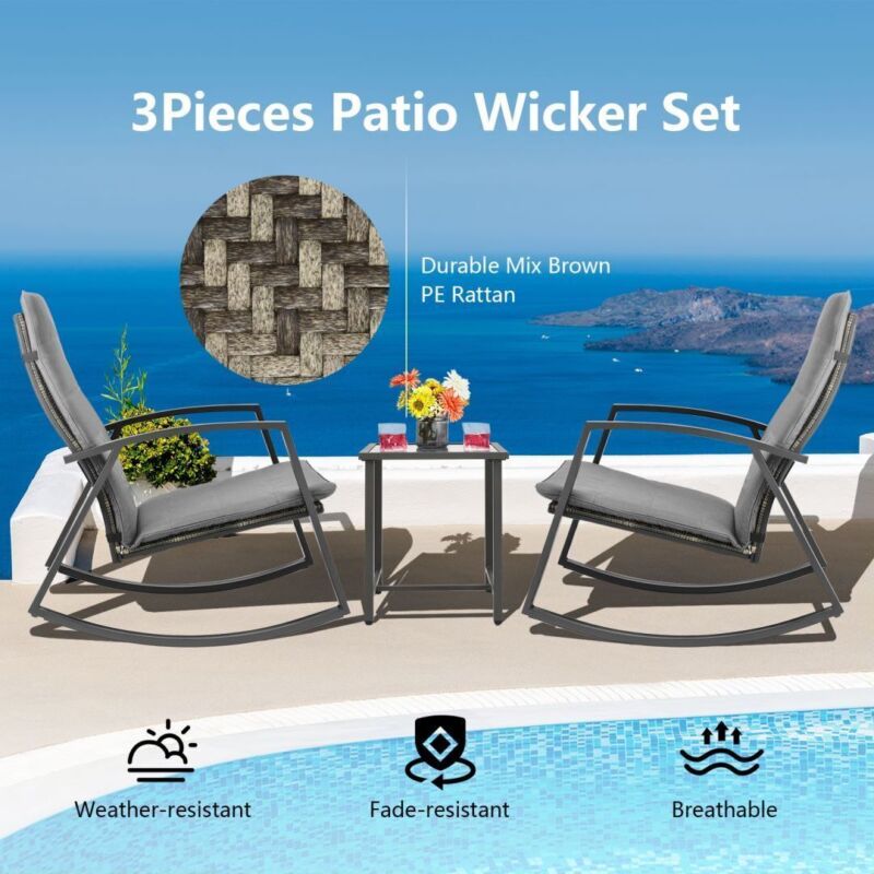 3PCS Outdoor Rattan Rocking Bistro Set Garden Patio Wicker Table & Chair Set