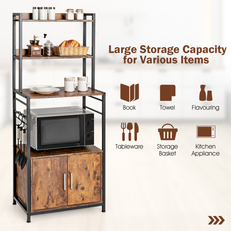 4-Tier Kitchen Baker’s Rack Industrial Storage Shelf Microwave Stand W/ 2 doors