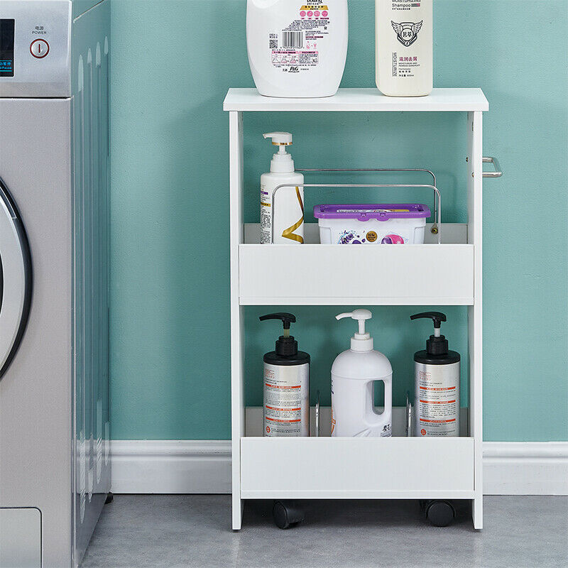 Bathroom Toilet Slim Floor Cabinet Narrow Storage Trolley Cart Rack Holder White
