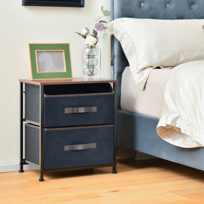 2-Drawer Nightstand Industrial Chest of Drawers Side End Table w/ Fabric Bins