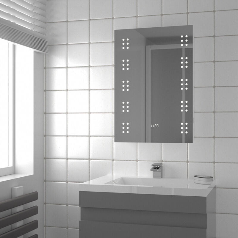 LED Backlight Bathroom Mirror Steam Free Demister& Shaver Socket Clock 500x700mm