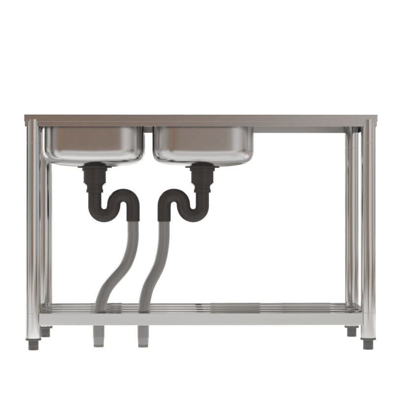 120cm Stainless Steel Commercial Kitchen Double Bowl Sink W/Shelf& Left Platform