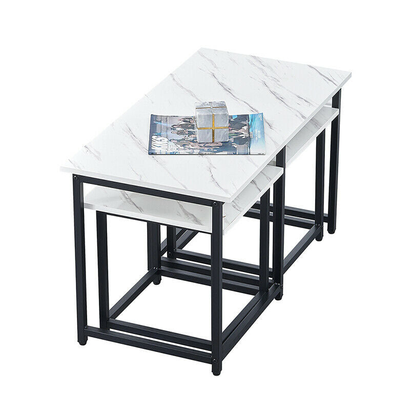 Nest of 3 Coffee Table and 2 Stools Set Living Room Office Lounge Marble Effect