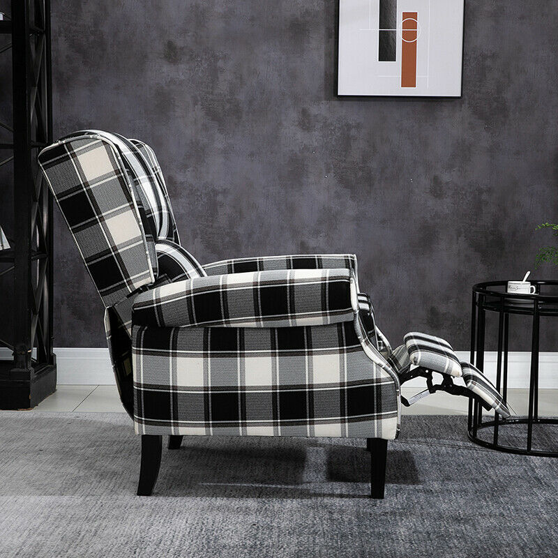 Black Check Recliner Armchair Wing Back Fireside Check Fabric Sofa Lounge Chair