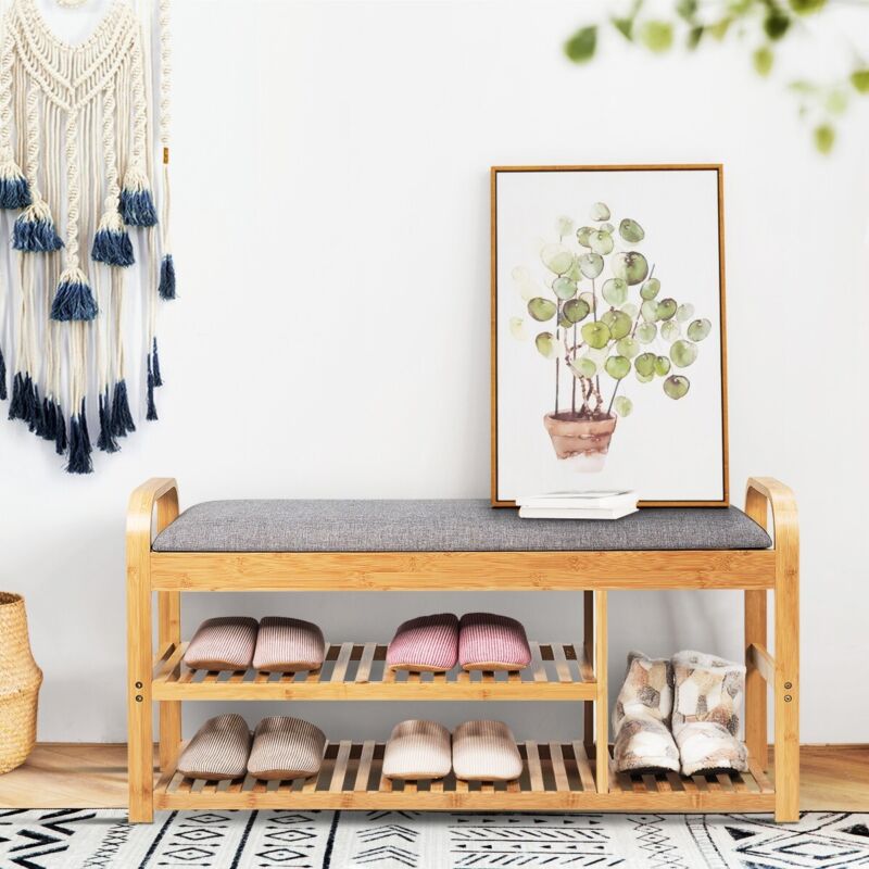 3-Tier Bamboo Shoe Bench Entryway Shoe Rack w/Cushion Modern Shoe