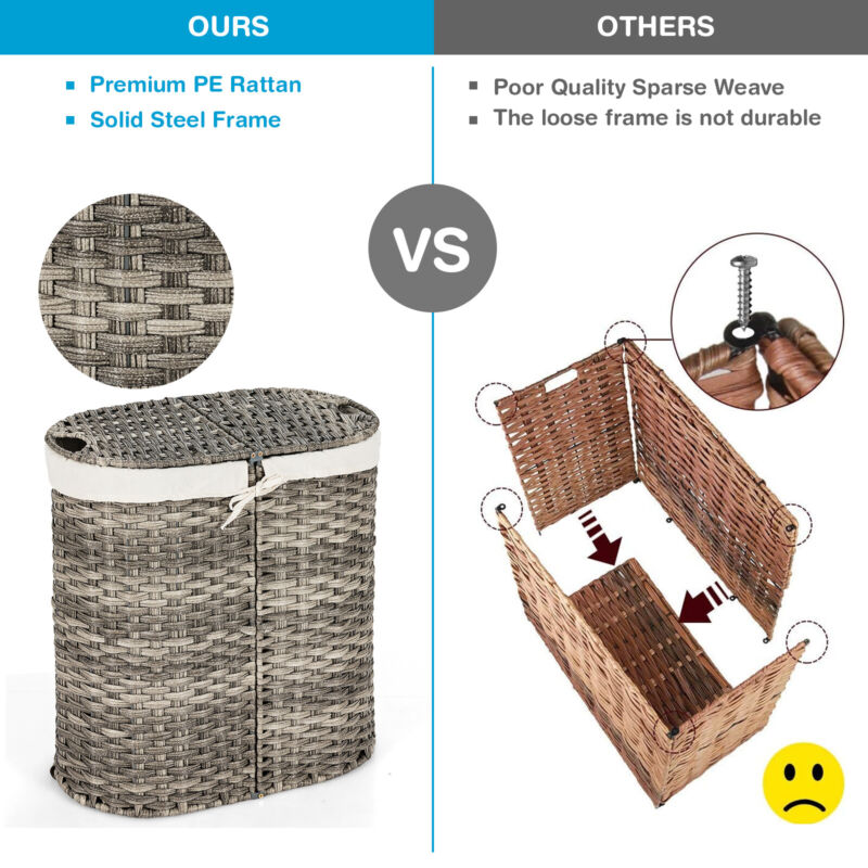 102L Handwoven Laundry Basket Divided Washing Clothes Hamper W/ Removable Liner