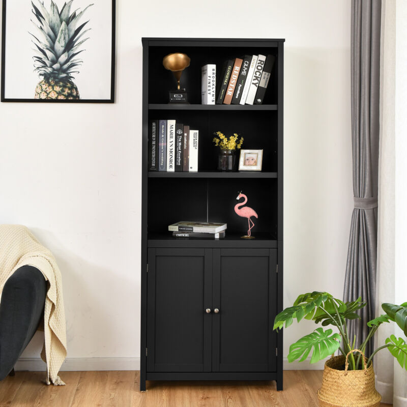 Wooden Tall Bookcase 3-Tier Shelving Storage Cabinet 2 Doors Display Organizer